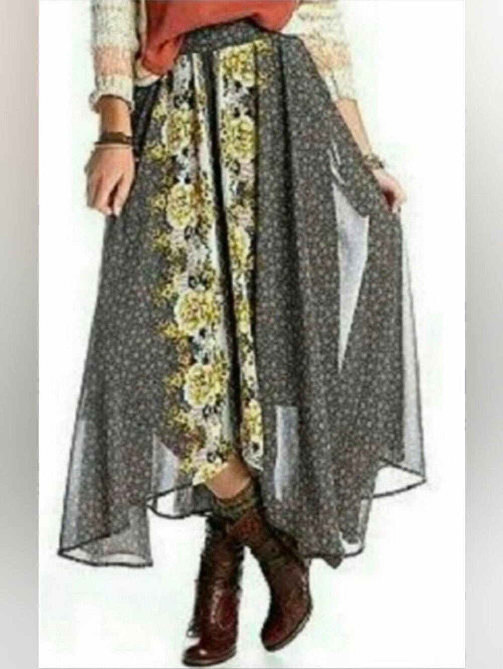 Free People Lovely Lady Floral Maxi Skirt Gray Yellow Floral Handkerchief M